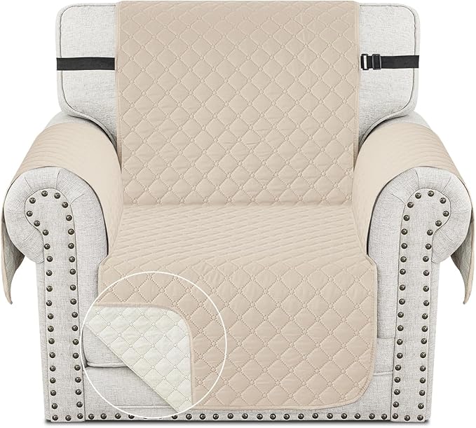XINEAGE Quilted Chair Sofa Cover Waterproof Chair Covers for Armchair, Super Soft Washable Slipcover with Pockets & Non-Slip Elastic Straps, Thick Furniture Protector (Beige)