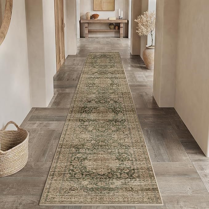 2x10 Washable Runner Rug Green Brown Vintage Non Slip Soft Low Pile Hallway Kitchen Rug Distressed Oriental Carpet for Laundry Bathroom Bedroom Living Room Home Decor