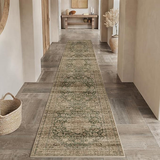 2x10 Washable Runner Rug Green Brown Vintage Non Slip Soft Low Pile Hallway Kitchen Rug Distressed Oriental Carpet for Laundry Bathroom Bedroom Living Room Home Decor
