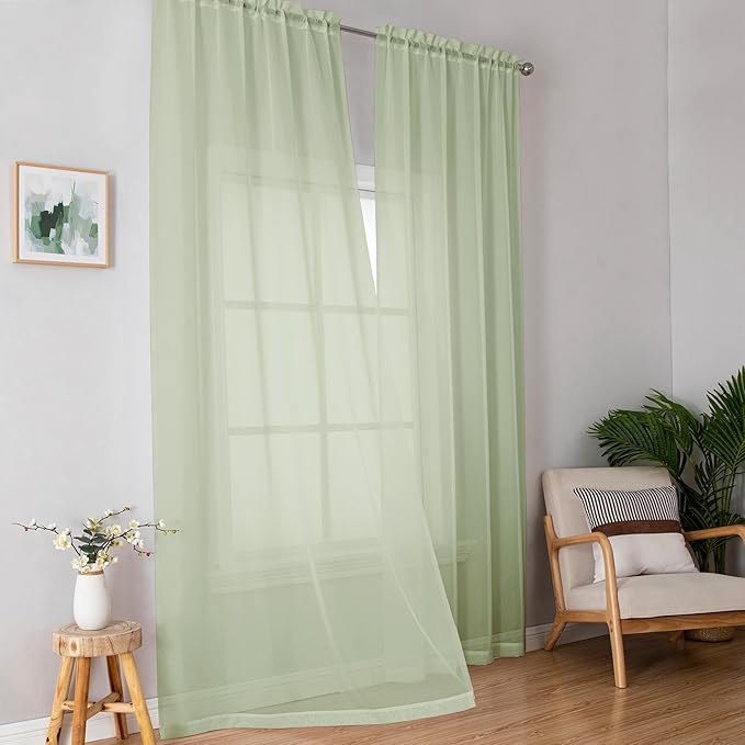 OWENIE Sheer Curtains 84 inches Long 2 Panels Set for Bedroom Living Room, Soft Solid Living Room Rod Pocket Light Filtering Curtains, 2 Pcs Each 42?€? W x 84" L, Light Green