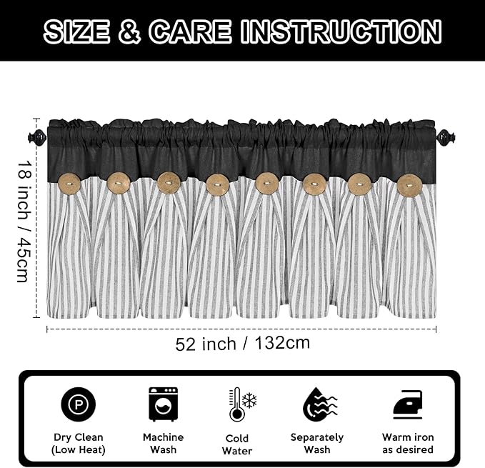 ASPMIZ Cotton Linen Kitchen Valance Curtains, Boho Rustic Button Linen Valances for Windows Farmhouse, Black with Grey Stripe Valance Window Topper Treatment Window Valances for Bathroom, 52 x 18 Inch