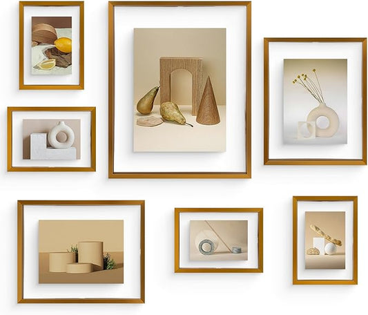 Frametory, Floating Picture Frames Set - Bronze Metal Photo Frames - Real Glass - Display One 11x14, Two 8x10, and Four 5x7 Inch Photos for Home Decoration