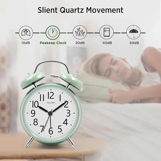 Peakeep Loud Battery Alarm Clock for Heavy Sleepers Adults Kids | Analog 4.5" Twin Bell Old School Fashioned Style for Bedrooms Living Kids?€? Room Decor (Avocado Green) - Image 5