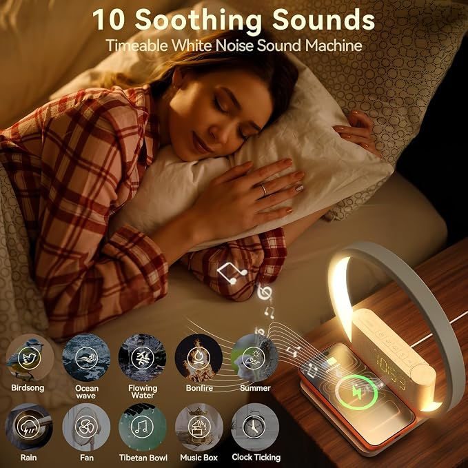 Vivilumens Sunrise Alarm Clock Wireless Charger, 10 White Noise Sound Machine Alarm Clock with 30/60/90 Mins Timer, 3 Levels Touch Night Light Dual Clocks for Heavy Sleeper Bedroom Decor Gift for Her - Image 4