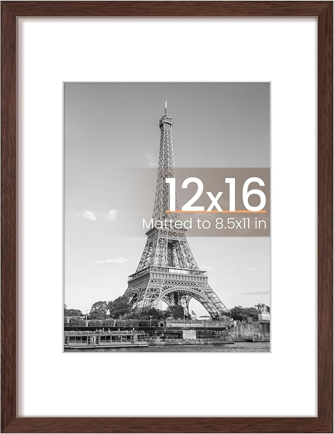 upsimples 12x16 Picture Frame, Display Pictures 8.5x11 with Mat or 12 x 16 Without, Wall Hanging Poster Frames, Brown, 1 Pack