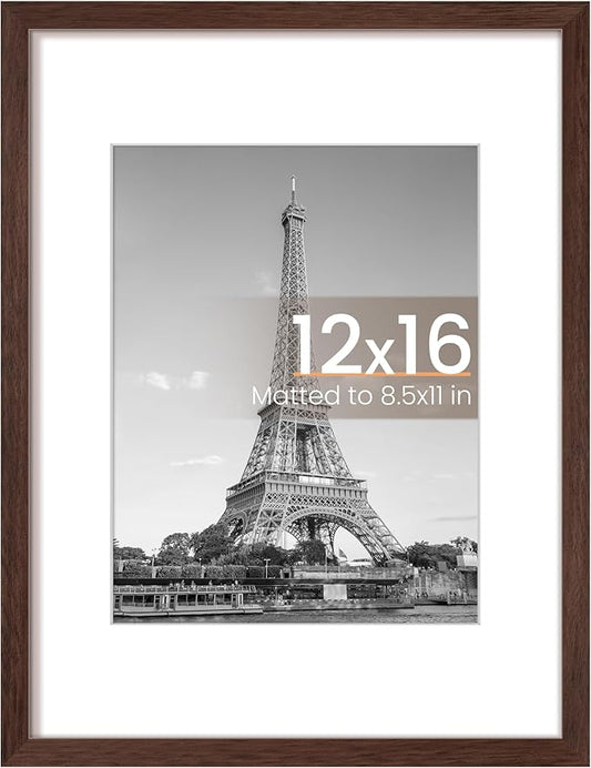 upsimples 12x16 Picture Frame, Display Pictures 8.5x11 with Mat or 12 x 16 Without, Wall Hanging Poster Frames, Brown, 1 Pack
