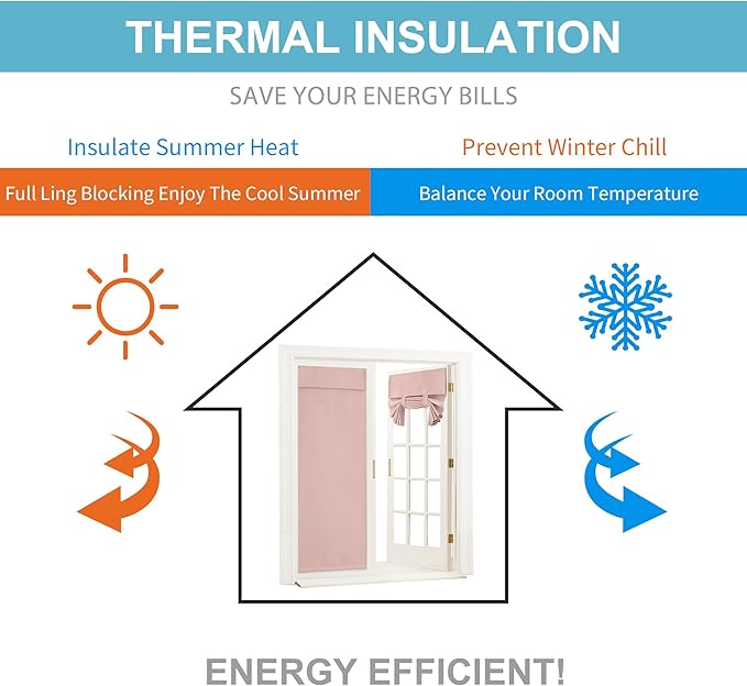 RYB HOME Blackout Tricia Window Door Curtain - Thermal Insulated Self-Adhesive Light Block Energy Efficient French Door Curtain Tie up Shade/Blind, W30 x L80 inch, 1 Panel, Orange Pink