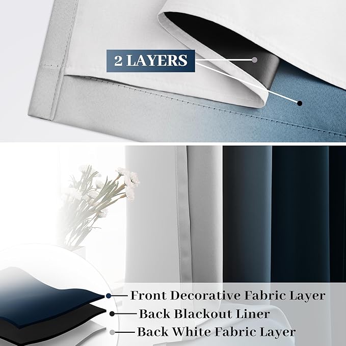 COSVIYA 100% Blackout Curtains for Bedroom with White Back, Double Layer Thermal Insulated Noise Reducing Grommet Window Curtains(52x90 Inch, Ombre Navy Blue, 2 Panels)