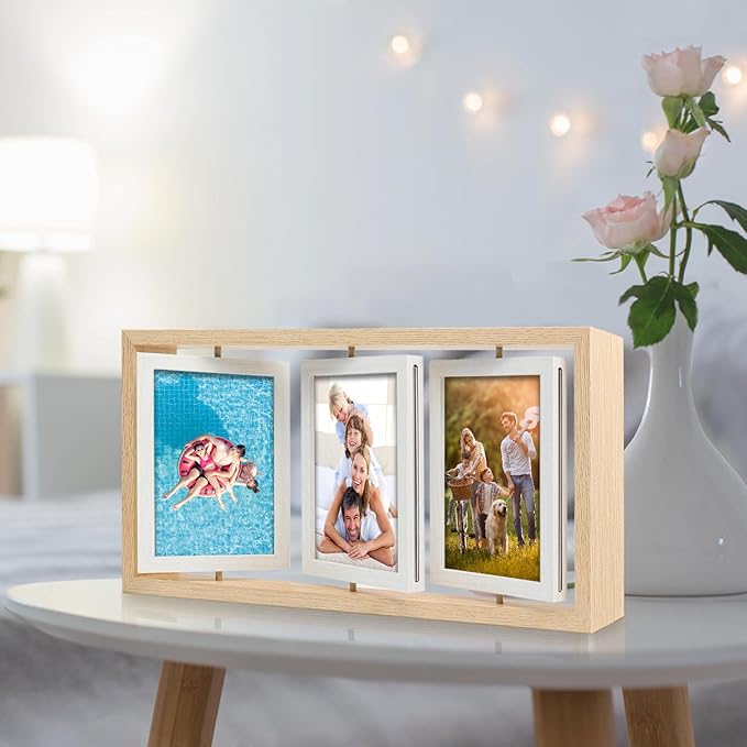 ZEEYUAN 4x6 Rotating Picture Frame Rustic Double Side Family Photo Frame, 4x6 Floating Wooden Picture Frame Vertical Collage Photo frame for Tabletop Display