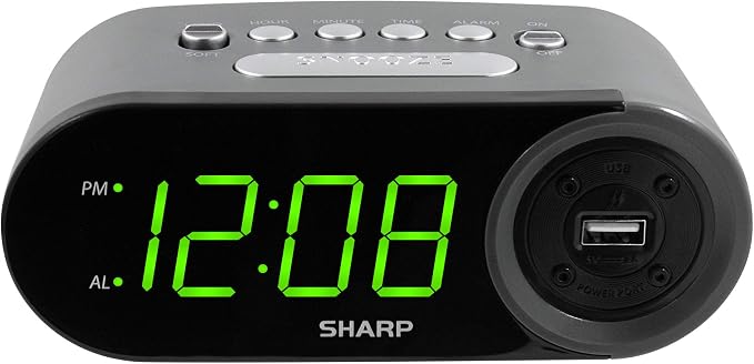 Sharp Digital Alarm Clock with 2A USB Charging and Green LED Display | 2A high-speed USB port; Easy-read green LEDs; Simple controls; Phone or tablet charging; Black by SHARP