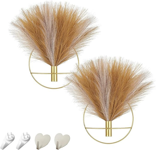 Pretty Jolly Boho Wall Art, Hanging Artificial Pampas Display, 2 Pack - Turmeric, Light Coffee, Gold - Living Room, Bedroom, Bathroom, Dining Room
