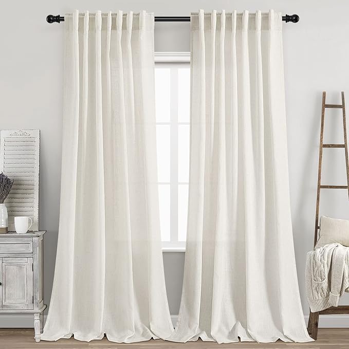 Cream Linen Curtains 99 Inches Long 2 Panels Set Back Tab Rod Pocket Semi Sheer Light Filtering Window Curtain Drapes Neutral Modern Aesthetic Long Curtains for Living Room Bedroom Decor 52x99