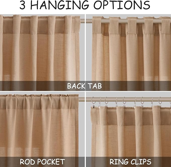 Nanspring Camel Linen Curtains for Living Room Extra Long 126 Inches Long Back Tab Light Filtering Semi Sheer Curtain Vintage Rustic Decor Floor to Ceiling High Window for Bedroom 52x126, 2 Panels