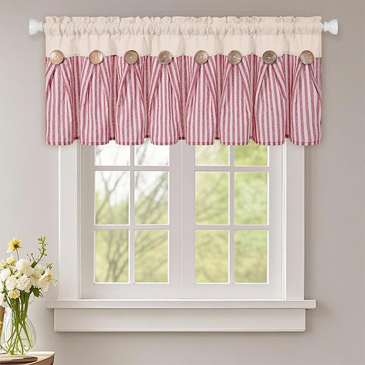 ASPMIZ Farmhouse Cotton Linen Valances for Windows, Boho Kitchen Curtains Valances with Rustic Button, Red Stripe Window Treatments Curtain Valance for Bathroom Cafe, 52 x 18 Inch, 1 Pannel