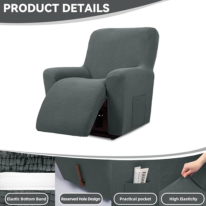 Cupuamon Recliner Chair Covers,Lazy Boy Recliner Covers Stretch Reclining Covers 1 Piece Furniture Protector with Elastic Bottom for Dog,Kids-Grey