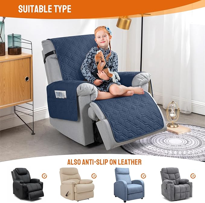 VANSOFY 100% Waterproof Recliner Chair Covers, Recliner Cover Non-Slip Dog Chair Cover Furniture Protector Washable Slipcover with Pocket, Elastic Straps for Pets, Dogs(Navy Blue, 28")