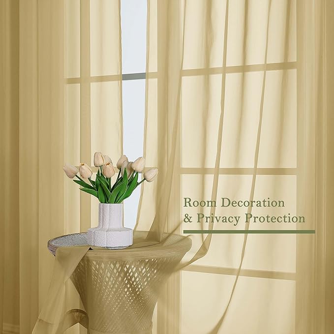 Lecloud Gold Sheer Curtains 120 Inches Long 2 Panels Set, Rod Pockets Light Filtering Curtains for Living Room Bedroom Dining Room, Solid Color Airy Voile Rustic Drapes, Each Panel 59" W x 120" L
