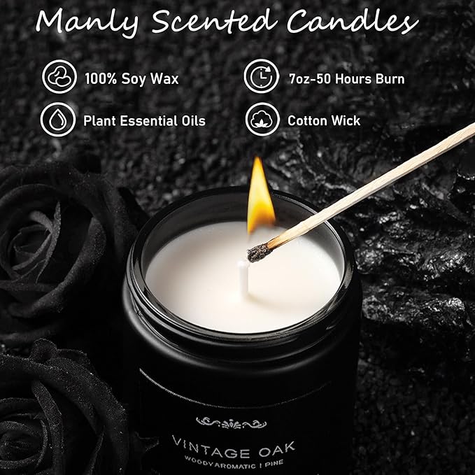 Scented Candles for Men - 42oz Soy Wax 300h Long Lasting Candle, Manly Scented Candles with Leather/Woods/Pine/Vanilla/Lavender/Amber -Mens Candle Gift Set for Birthday, Father's Day, Man Cave Decor