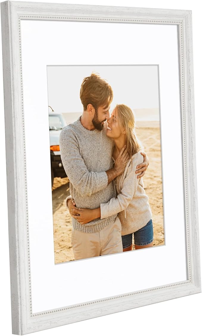 Americanflat Vintage Frames - 11x14 Picture Frame with Beaded Accents and Shatter-Resistant Glass - Use as 8x10 Frame or Display 11x14 Photos Without Mat - Heirloom Collection - Wall Display - White