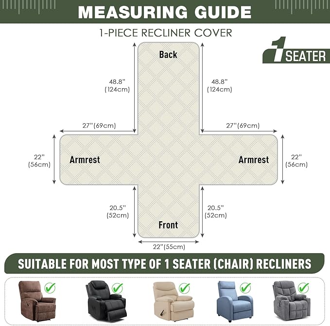 TAOCOCO 100% Waterproof Recliner Chair Covers, Non Slip Recliner Covers for Recliner Chair with Pocket, Washable Reclining Chair Cover Furniture Protector for Kids,Dogs(22'', Bean Green)