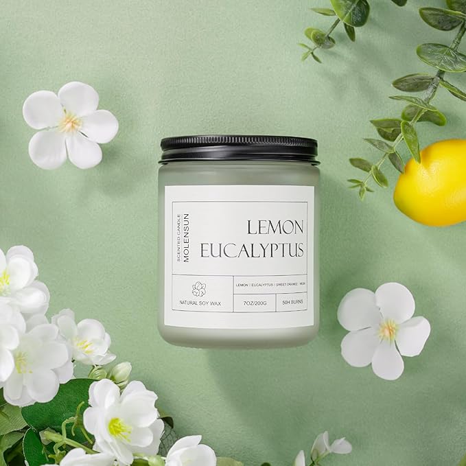 Lemon Eucalyptus Scented Candles, Aromatherapy Jar Candle, 7 oz Long Lasting Candles, Soy Wax Candle Gift for Women