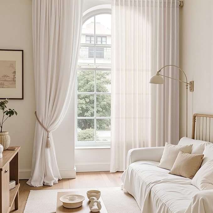 Nanspring Ivory White Linen Curtains 63 Inches Long for Living Room Back Tab Pocket Natural Light Filtering Privacy Translucent Ivory White Cotton Texture 52X63, 2 Panels