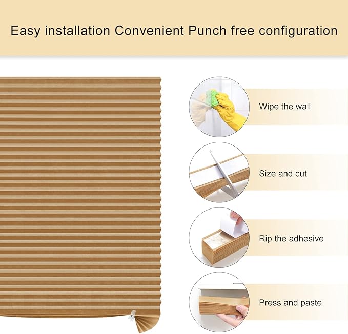 Window Blinds Cordless No Drill Cut to Size Clip On Stick On Self Adhesive Temporary Blinds Pleated Paper Blinds for Windows Doors Shades for Home Nursery Bedroom Kitchen Bathroom
