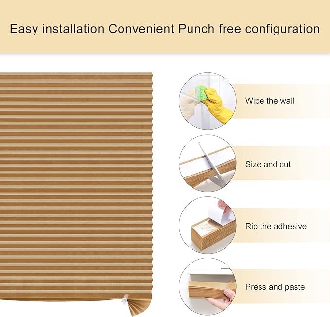 Window Blinds Cordless No Drill Cut to Size Clip On Stick On Self Adhesive Temporary Blinds Pleated Paper Blinds for Windows Doors Shades for Home Nursery Bedroom Kitchen Bathroom