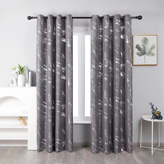 Taisier Home Silver Foil Print Linen Textured Curtains Geometric Marble Pattern Design Curtains for Nursery Light Filtering Window Treatment 2 Panels 63" L,Soft Grey and Silver Curtain Print