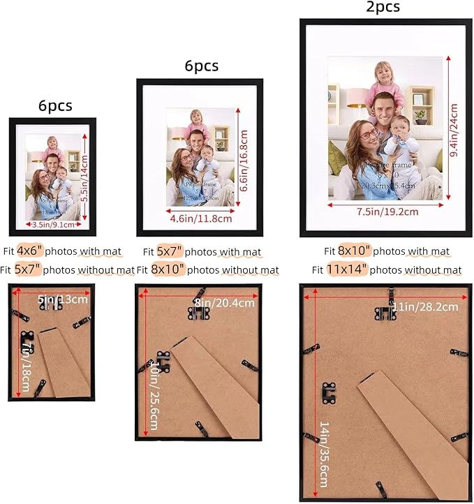 Giftgarden 14 Pack Black Picture Frames with Mat for Various Sizes Photos, Assorted Matted Frame Set Including Two 11x14, Six 8x10, Six 5x7, Gallery Frame Collage for Wall or Tabletop Display