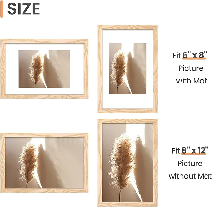 upsimples 8x12 Picture Frame, Display Pictures 6x8 with Mat or 8 x 12 Without, Wall Hanging Photo Frames, Natural, 1 Pack