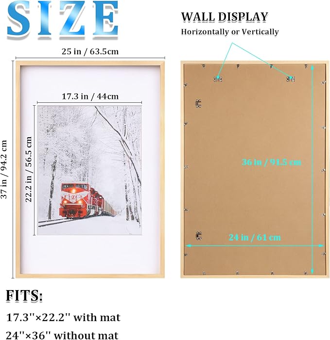 Egofine 24x36 Poster Frame Set of 2 Solid Wood Frame with Plexiglass Matted for 18x24 for Wall Mounting Hanging Picture Frame Vertically or Horizontally, Natural Wood