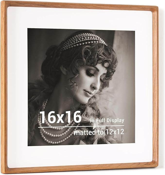 16x16 Picture Frame, USA-Sourced Cherry Wood Photo Frames with HD Tempered Glass, Handcrafted Rounded Corner 16 x 16 Wooden Frames Matted to 12x12 Photos, 16x16 Frame, Tabletop or Wall Display