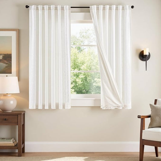 jinchan Winslow Lined Linen Curtains for Bedroom 63 Inches Linen Blended Embroidered Bordered Floral Curtains for Living Room Farmhouse Decor Window Treatments White on White Drapes 2 Panels