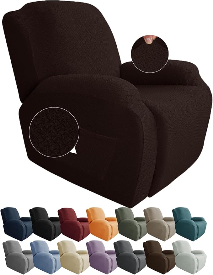 JIVINER Oversized Recliner Chair Covers 4 Piece Stretch Lazy Boy Recliner Sofa Slipcover Jacquard Large Recliner Covers with Elastic Bottom Soft Furniture Protector (XL Recliner,Dark Coffee)