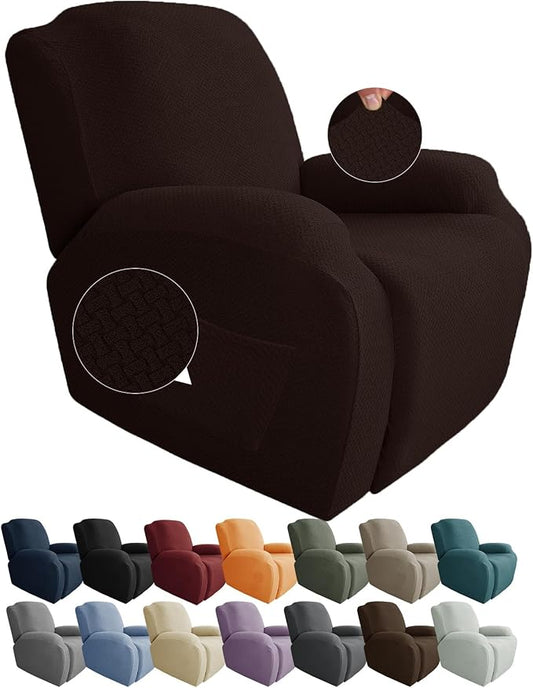JIVINER Oversized Recliner Chair Covers 4 Piece Stretch Lazy Boy Recliner Sofa Slipcover Jacquard Large Recliner Covers with Elastic Bottom Soft Furniture Protector (XL Recliner,Dark Coffee)