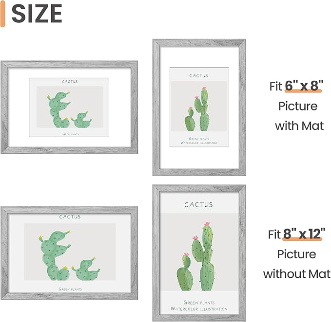 upsimples 8x12 Picture Frame, Display Pictures 6x8 with Mat or 8 x 12 Without, Wall Hanging Photo Frames, Gray, 1 Pack