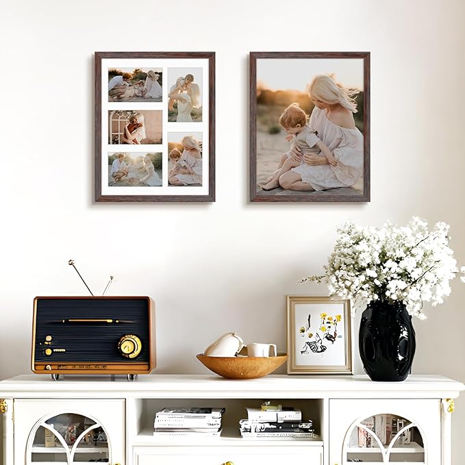 Golden State Art, 11x14 Distressed Brown Wooden Frame with White Mat - Displays Five 4x6 Photos - Tempered Glass - Wall Mounting, Portrait, Set of 3