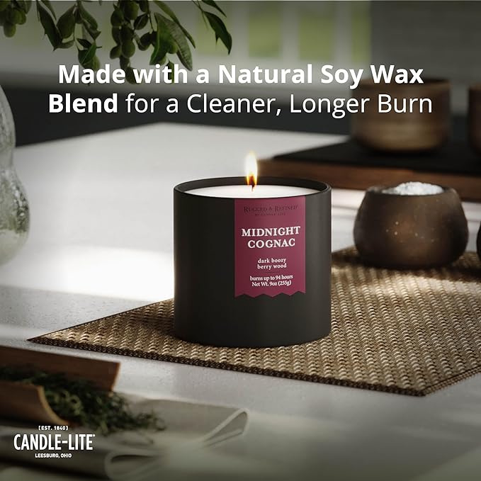 Candle-lite Rugged & Refined Scented Candle for Men, Midnight Cognac, 9 oz Tin, Poured in The USA, Masculine Fragrance, 1-Wick, 58 Hours of Burn Time, Ideal Gift for Man in Your Life & Father's Day