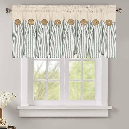 ASPMIZ Cotton Linen Kitchen Valance Curtains, Boho Rustic Button Linen Valances for Windows Farmhouse, Green Stripe Valance Window Treatment Tiers, Rod Pocket Window Valances for Cafe, 52 x 18 Inch