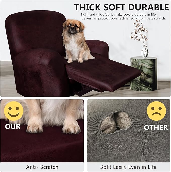 ANARACHON Leather Like Recliner Chair Covers Heavy Duty, 4 Pieces Recliner Cover for Recliner Chair, Leather Cover for Recliner slipcovers Washable for Pets (Wine)