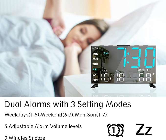 Mirror Digital Loud Alarm Clock,Indoor Temperature,USB Charging Port,Dimmer,Dual Alarms,Adjustable Volum,12/24H,Snooze,Perfect for Bedroom and Living Room (Black+Ice Blue Digit)