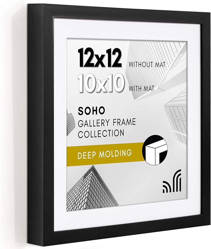 Americanflat 12x12 Picture Frame with Polished Plexiglass - Use as 10x10 Frame with Mat or Display 12x12 Photo Without Mat - Soho Collection - Deep Molding Square Frames for Wall Display - Black