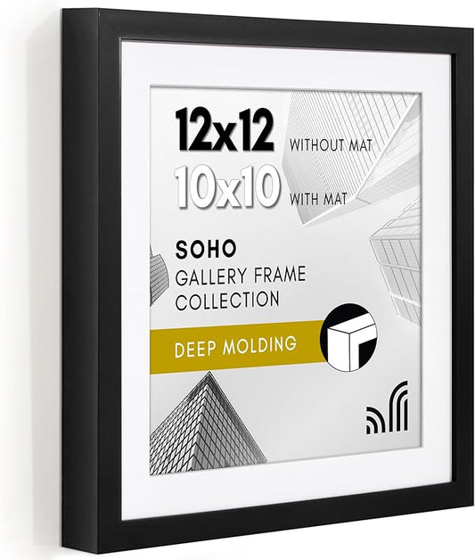 Americanflat 12x12 Picture Frame with Polished Plexiglass - Use as 10x10 Frame with Mat or Display 12x12 Photo Without Mat - Soho Collection - Deep Molding Square Frames for Wall Display - Black