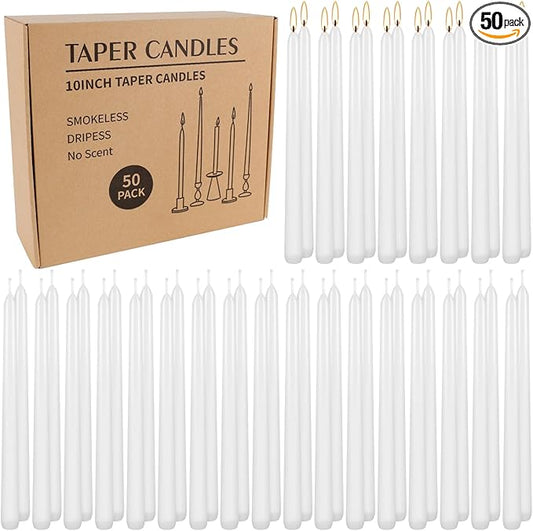50 Pack White Taper Candles, 7-8 Hours Burn Time, Unscented, Smokeless and Dripless, 4/5 x 10 Inch for Christmas,Household,Dinner,Wedding,Valentine's Day,Party and Home Décor Candlesticks