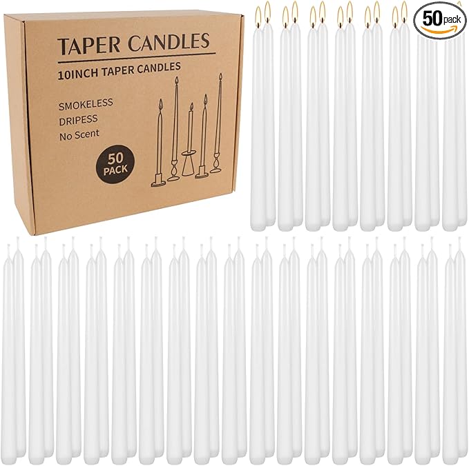 50 Pack White Taper Candles - 10 Inch Classic Unscented Dinner Candles, Dripless Pure White Paraffin Wax with Cotton Wicks, 8-Hour Burn Time for Wedding, Christmas & Formal Dining Decor