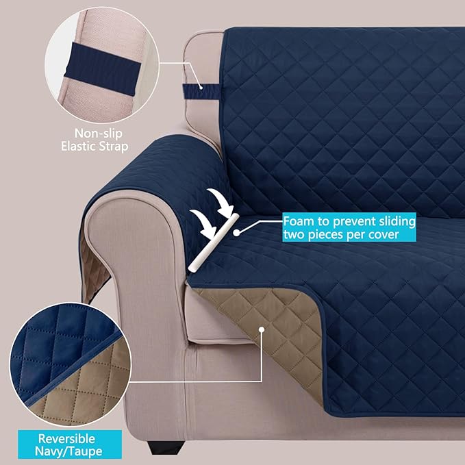U-NICE HOME Reversible Sofa Cover Couch Cover for Dogs with Elastic Straps Water Resistant Furniture Protector for Pets Couch Cover for 3 Cushion Couch (Sofa, Navy/Taupe)