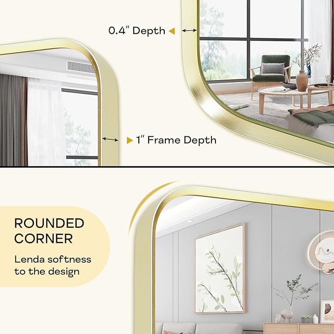 Wall Mount Mirror for Bathroom, Brushed Gold Metal Framed Rounded Corner Rectangular Vanity Mirror (24" x 36", Gold)