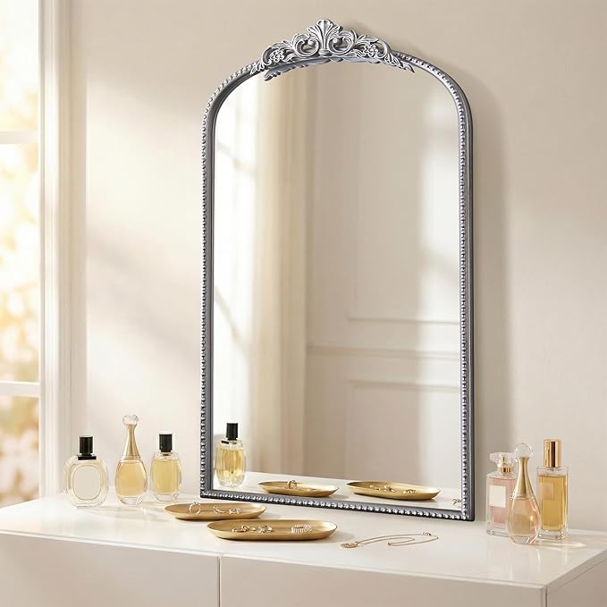 Micasso Vintage Arched Silver Mirror: 31"x19" French Baroque Antique Mirror - Traditional Ornate Decorative Mirrors for Wall/Bathroom/Entryway/Fireplace/Hallway - Home Decor for Living Room