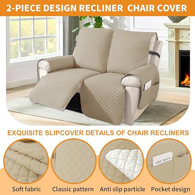 XINEAGE Water Resistant Recliner Cover, 2 Seat Loveseat Covers with Pockets, Quilted Thick Protector Cover for Dog Pets with Non Slip Backing and Strap (Loveseat, Khaki)